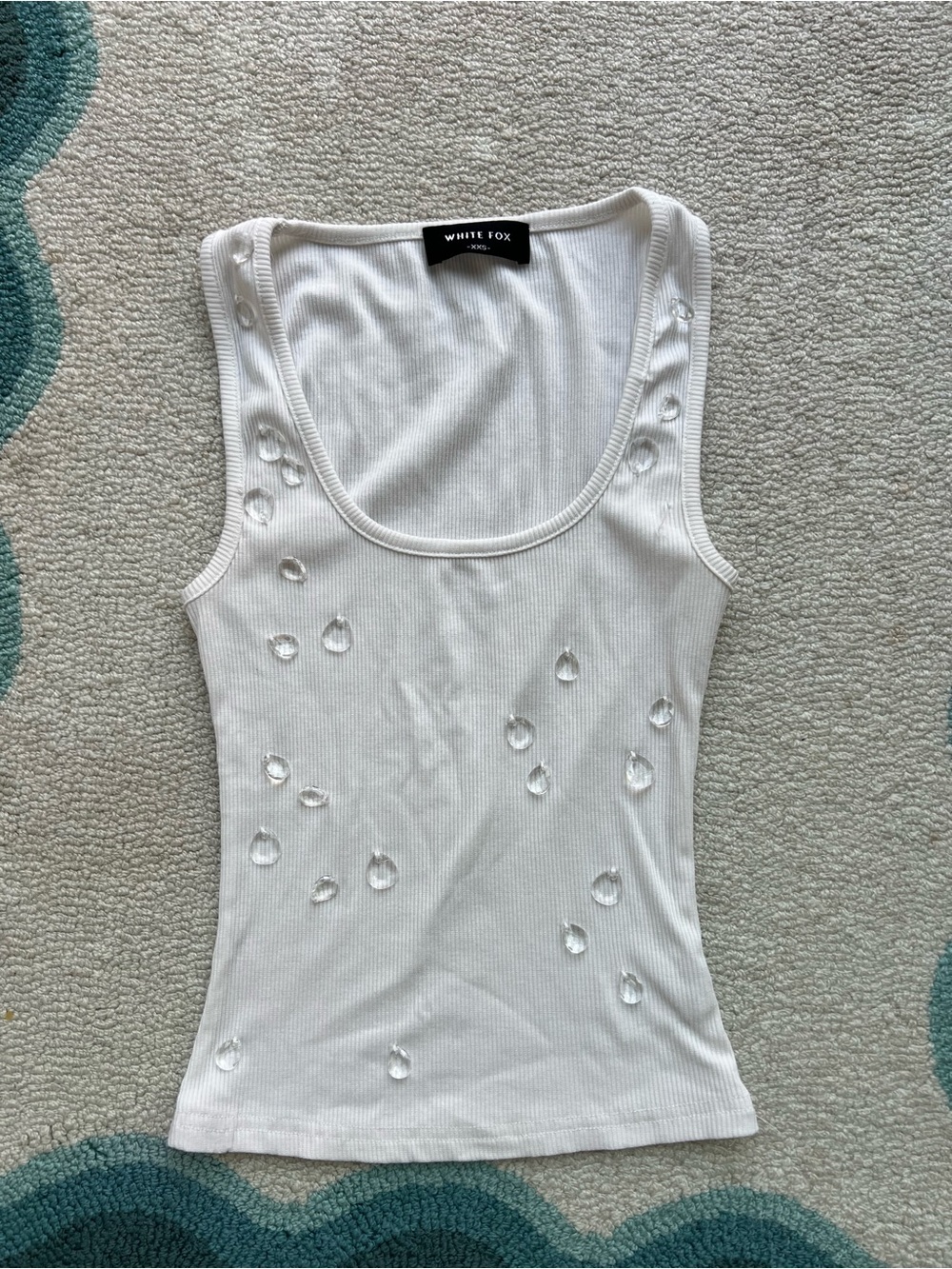 White Fox Ribbed Tank Top with Embellished Droplet Details